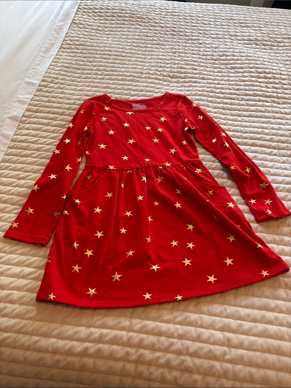 Red Long Sleeve Star Print Girls Dress